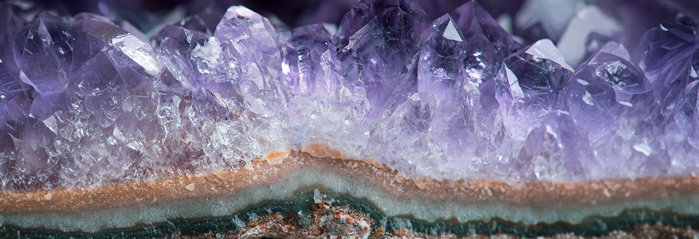 Close-up of purple amethyst crystals